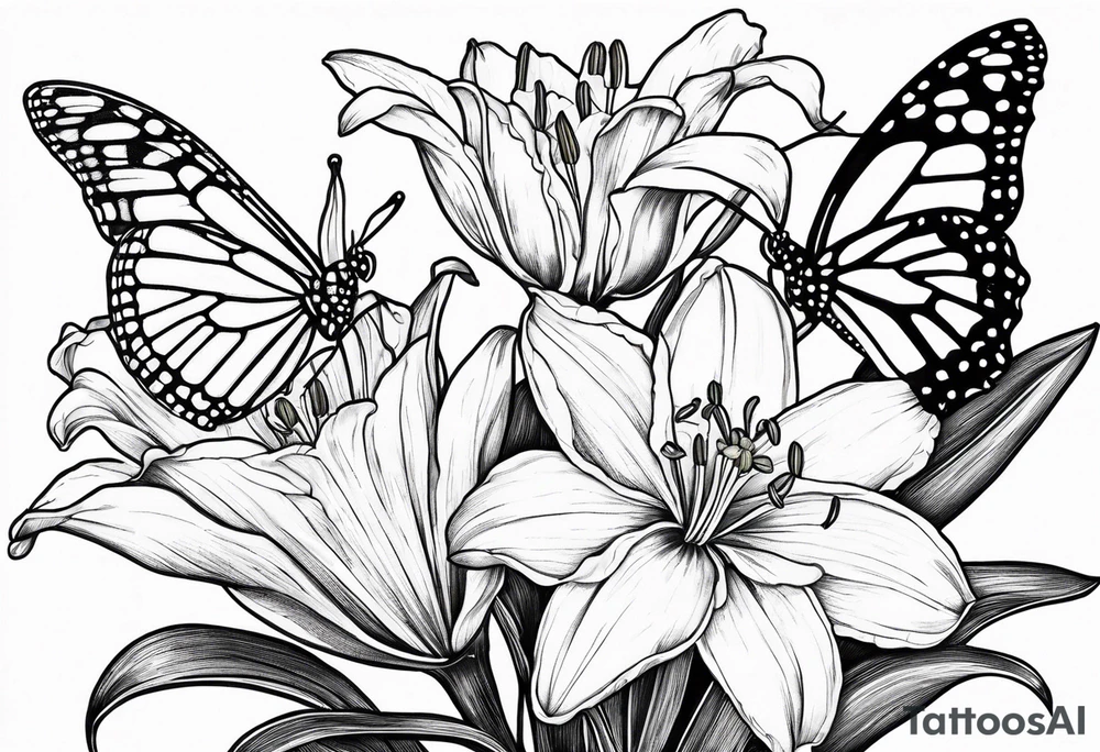 Fine line
lily daisy and daffodil bouquet with butterfly 6-8 inches bi tattoo idea