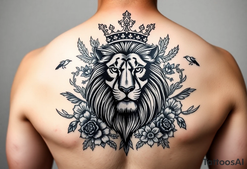 powerful majestic lion with a crown, surrounded by floral ornaments and birds tattoo idea