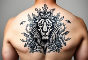 powerful majestic lion with a crown, surrounded by floral ornaments and birds tattoo idea