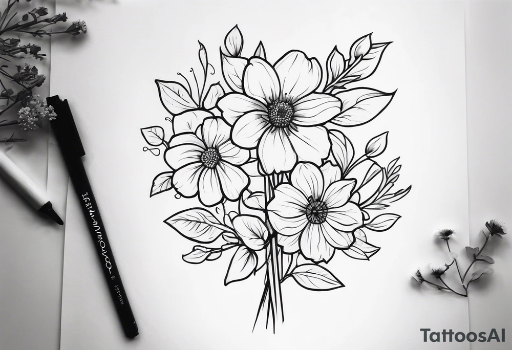 Outlined simple flowers with stem, the cancer sign and date 07/24/17 tattoo idea