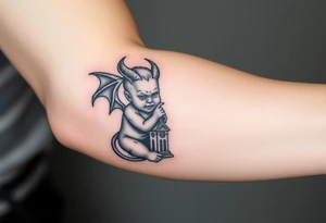 Demon baby with halo and angle wings and clock tower behind him tattoo idea