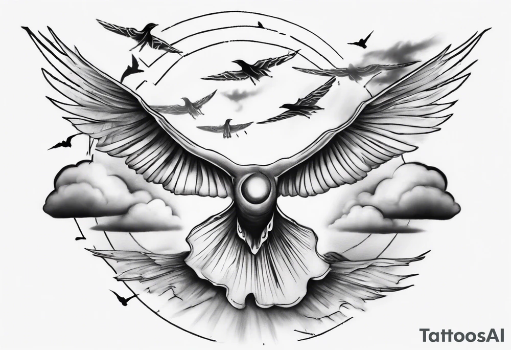 a shoulder tattoo with lots of rays of light in gradient starting from the middle
, clouds and birds flying free tattoo idea