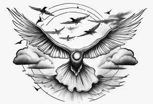 a shoulder tattoo with lots of rays of light in gradient starting from the middle
, clouds and birds flying free tattoo idea