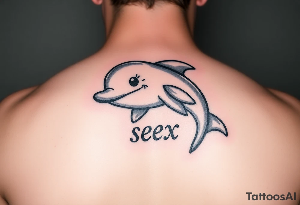Cartoon dolphin with a mischievous face and the word sex tattoo idea