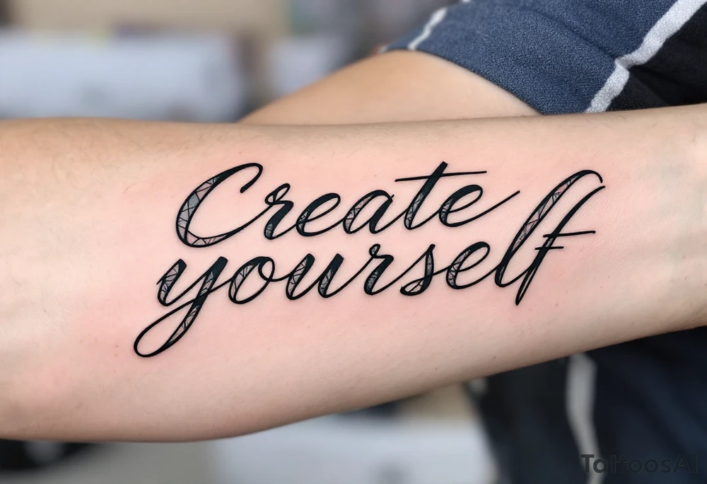 “Create yourself” in graphite black script, with geometric shapes building from the letters in cool grays tattoo idea