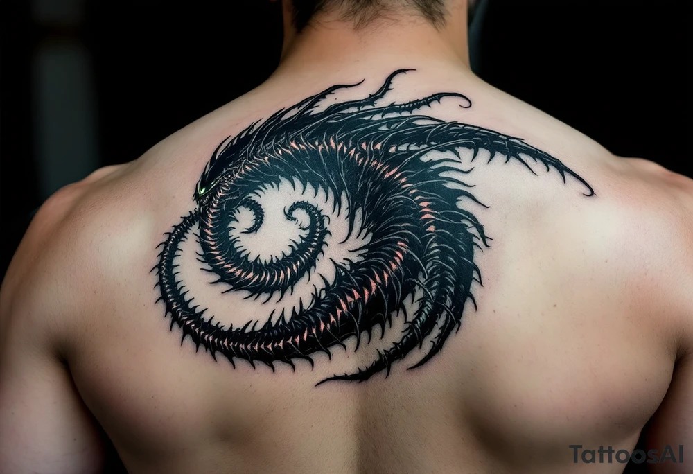 Xenomorph’s full body forming a spiral pattern, blackened body twisted with glowing red and green highlights throughout the movement. tattoo idea