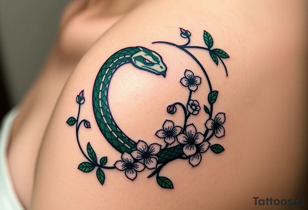 A dark green Ouroboros snake forming cyrcle intertwined with vines and blooming flowers, symbolizing the cycle of life and growth. tattoo idea