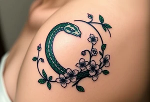 A dark green Ouroboros snake forming cyrcle intertwined with vines and blooming flowers, symbolizing the cycle of life and growth. tattoo idea