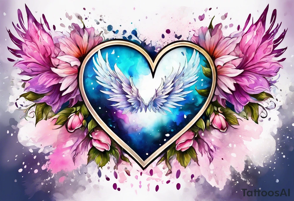 Flowers around a heart with angel wings with pink splatter water color background tattoo idea
