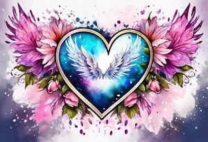 Flowers around a heart with angel wings with pink splatter water color background tattoo idea