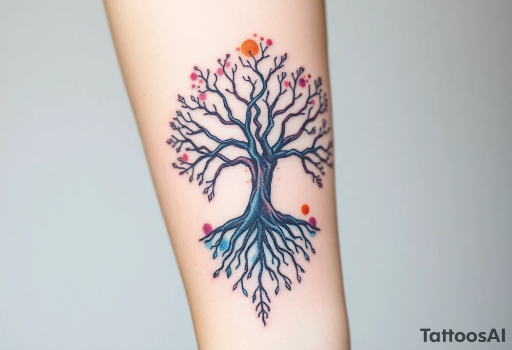 mystical tree of life with cosmic roots and celestial branches tattoo idea