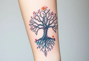 mystical tree of life with cosmic roots and celestial branches tattoo idea