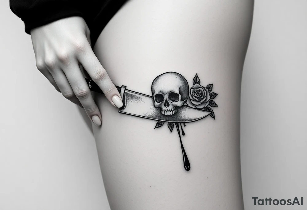 en el caos encontré mi forma favorita 
de amarte somos veneno y promesa.  Add around 

Woman’s hand reaching down grabbing blade handle, skeleton head on right under blade, rise on right under blade, blood dry from tip of blade, skeleton hand reaching for Blade tip. Just the hand and place above blade handle reaching for handle. Skull and rose underneath blade. Just the skeleton hand reaching for tip of knife which is dripping blood. tattoo idea