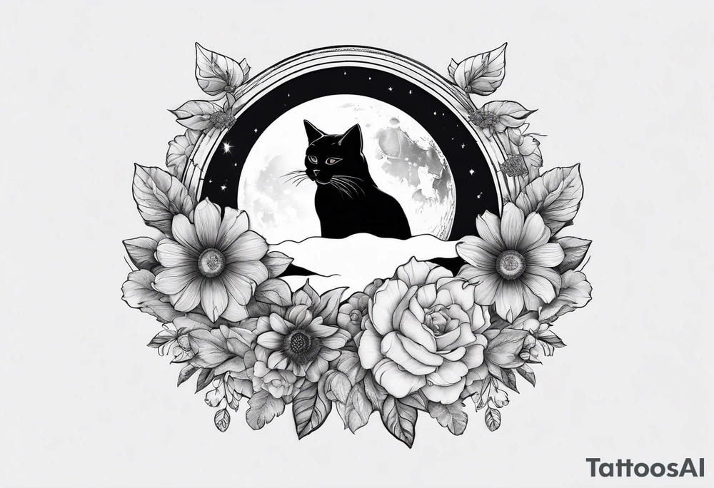 Crescent moon made out of flowers with the head of a photo realistic black cat facing forward and sailor Moon vibes tattoo idea