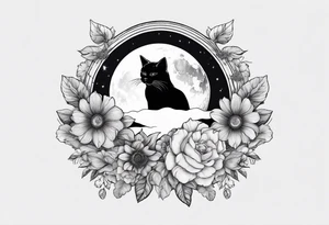 Crescent moon made out of flowers with the head of a photo realistic black cat facing forward and sailor Moon vibes tattoo idea