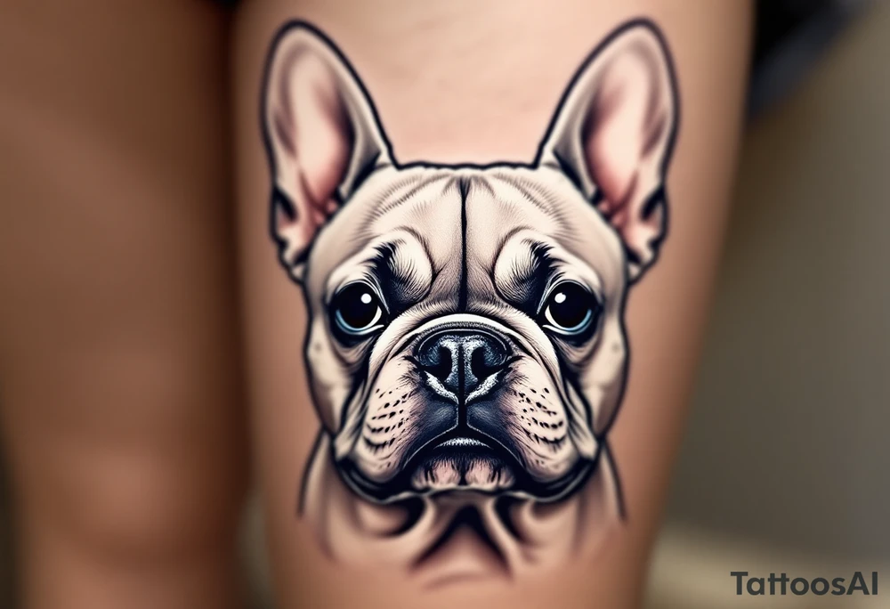 Realistic French Bulldog portrait in soft beige and white, with expressive dark eyes and a glossy black nose, facing forward with gentle shading. tattoo idea