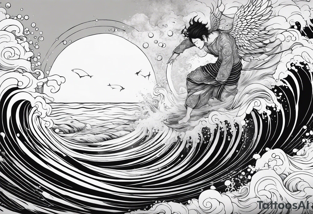 A falling greek men angel in the sea with the sun and all related to an asiatic culture and the anime Tokyo Ghoul.  Make it masculine and include in the water the DNA molecule and some fish and shrimp tattoo idea