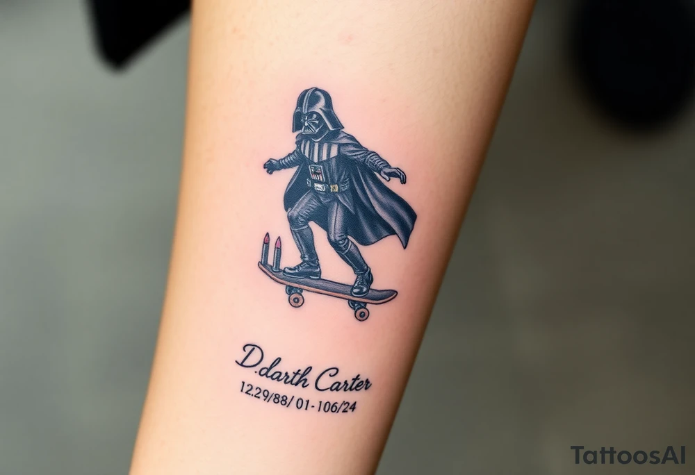 Darth Vader skateboarding > bullets > memorial > colors > god > futuristic 
add name "Darth Carter" on skateboard
add date in loving memory 12/29/88-01/06/24 tattoo idea