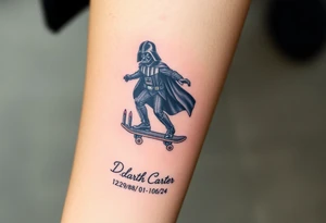 Darth Vader skateboarding > bullets > memorial > colors > god > futuristic 
add name "Darth Carter" on skateboard
add date in loving memory 12/29/88-01/06/24 tattoo idea