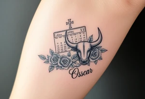 Calendar with the date 12th of April with a cross, roses,  Spanish bull and the name Oscar tattoo idea