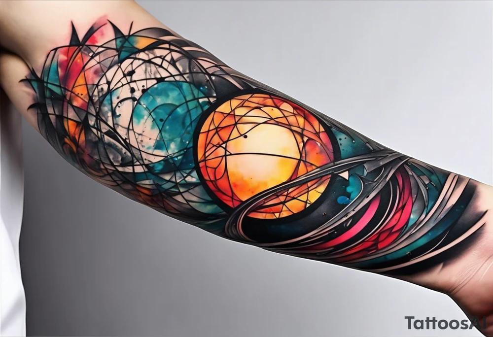 large forearm tattoo with lines, splatters, circles tattoo idea