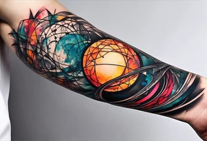 large forearm tattoo with lines, splatters, circles tattoo idea