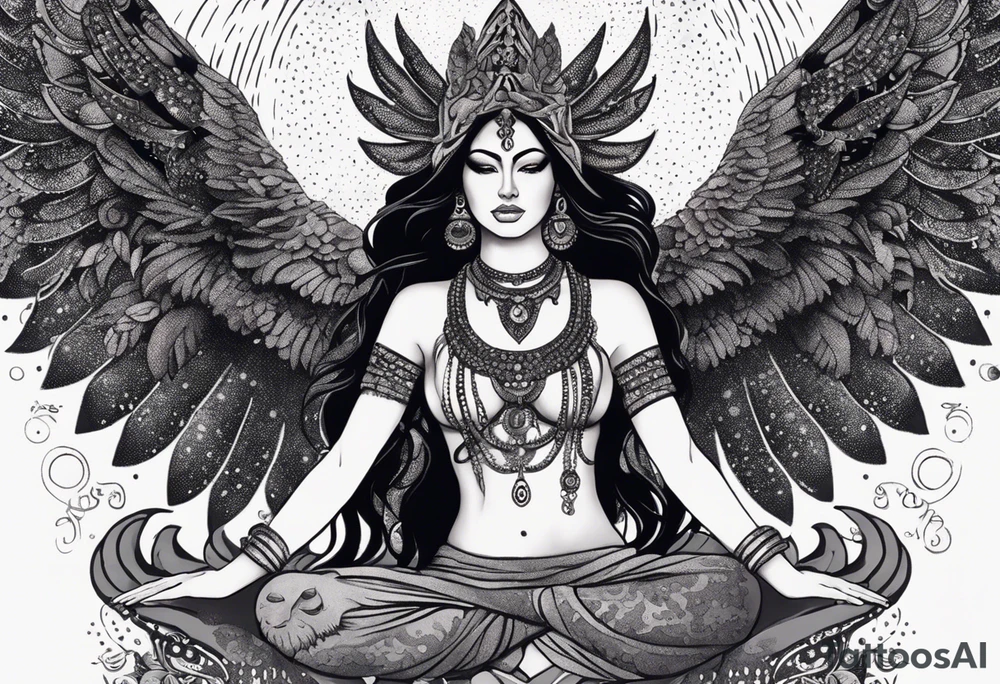 black kali, goddess pirate, alien, angel, pachamama, valkrye, warrior, flying, skull, lotus azul, wing, eagle, zenza resonance, stars, 5D, anahata chakra, death, durga, riding on a tiger, flying lady, kundalini, chest tatoo, samuri, rebel,serpent tattoo idea
