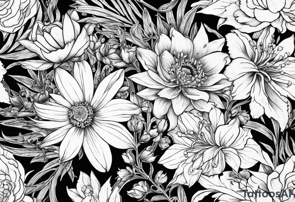 Aster and larkspur bouquet tattoo idea
