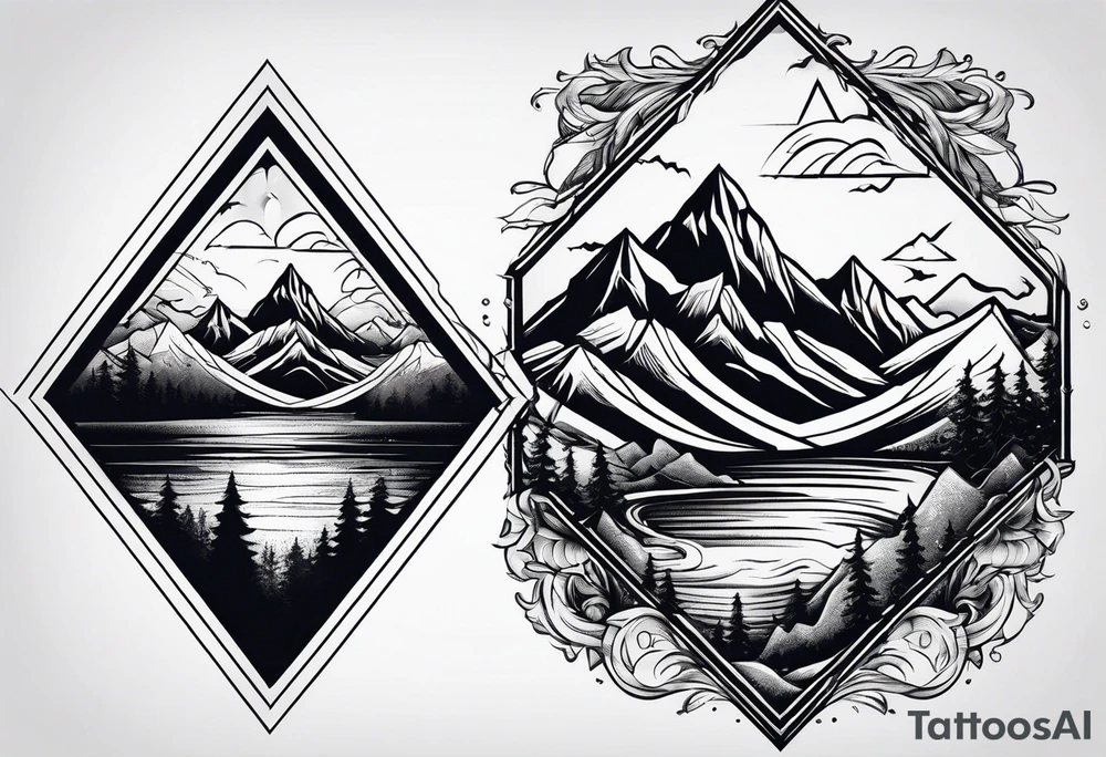 Mountains and ocean waves diamond shape tattoo idea