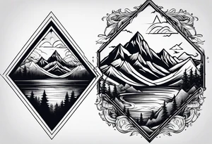 Mountains and ocean waves diamond shape tattoo idea