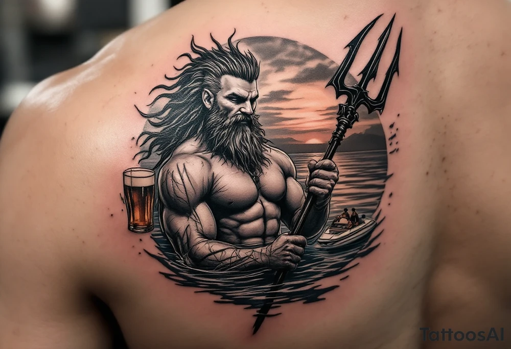 young, happy, fit poseidon in calm water, holding a trident, drinking a beer, with sunset, with ski boat tattoo idea