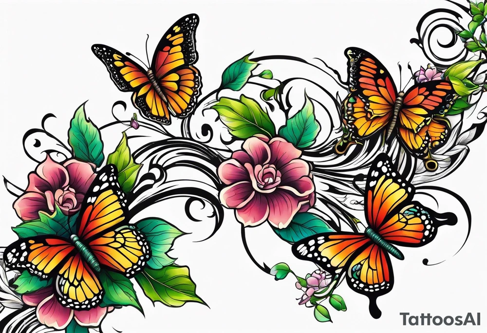 A vine that is rapping around and butterflies and flowers tattoo idea