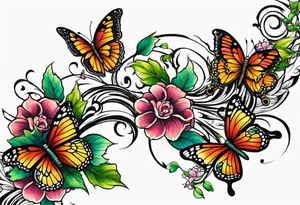 A vine that is rapping around and butterflies and flowers tattoo idea