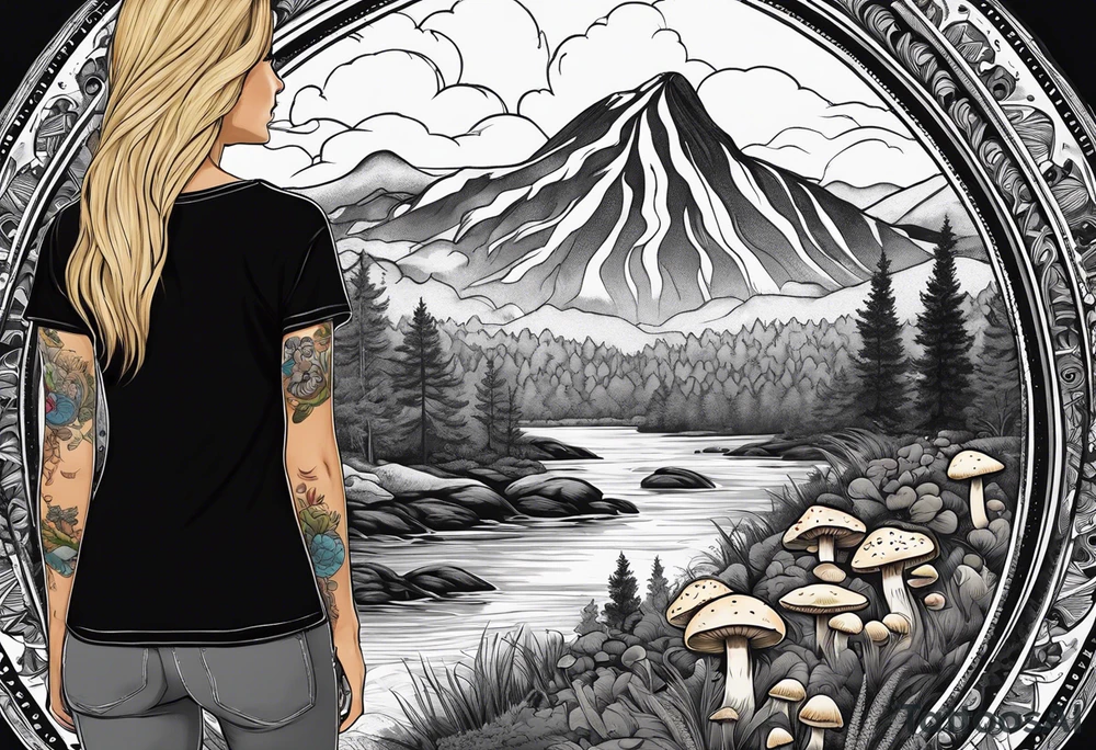 Whole picture encircled fully

Straight long blonde hair hippie girl in distance holding mushrooms in hand facing away toward mountains and creek surrounded by mushrooms tee shirt and hiking pants; whole rendering within a full circle, no cut off circle tattoo idea