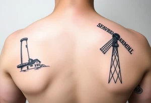 Left side of lighthouse and right side of farm windmill. Simple lines minimalist slightly offset tattoo idea