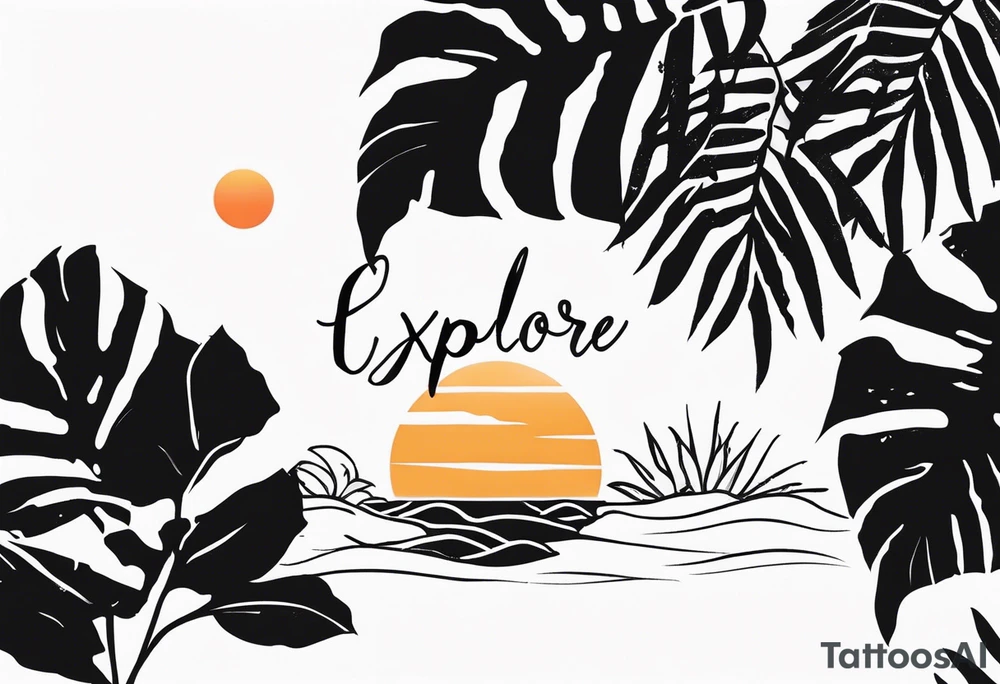 Tropical tatto with hibiscus and sunrise that says explore in delicate script tattoo idea