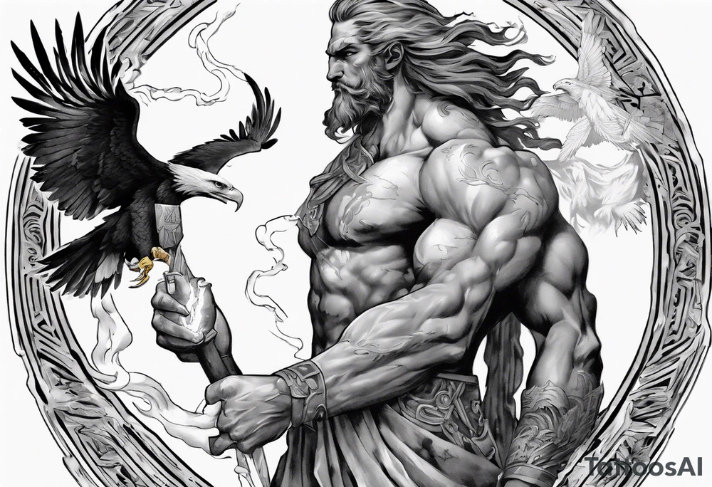 Zeus holding a wicked lightening bolt in his hand with an eagle by his side in greyscale tattoo idea