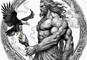 Zeus holding a wicked lightening bolt in his hand with an eagle by his side in greyscale tattoo idea