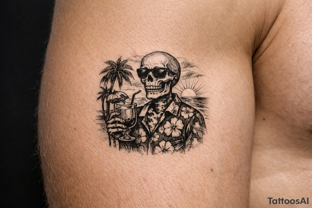 Skeleton in Hawaiian shirt and sunglasses holding a cocktail on a beach with palm trees and a setting sun. tattoo idea