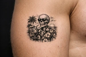 Skeleton in Hawaiian shirt and sunglasses holding a cocktail on a beach with palm trees and a setting sun. tattoo idea