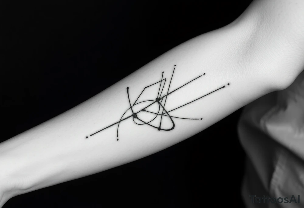 Abstract black line tattoo for a male, inner forearm wrapping the elbow.
Irregular broken lines, controlled sharp curves, sketch-like technical flow, minimal dot accents.
Raw, structured, non-delicate, inspired by motion traces.
Black ink only, no shading, realistic tattoo reference. tattoo idea