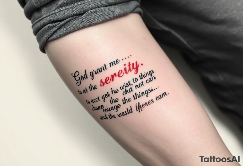 Generate a leg tattoo doing down the side of leg all the way down saying  “god grant me the serenity to  accept the things I can not change courage to change the things I can and the wisdom to know the difference” put god , serenity , courage, and wisdom in red tattoo idea