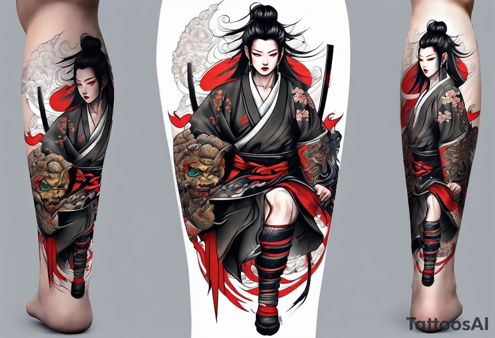 leg tattoo, full leg, oni, girl, oni girl, samurai tattoo idea