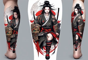 leg tattoo, full leg, oni, girl, oni girl, samurai tattoo idea