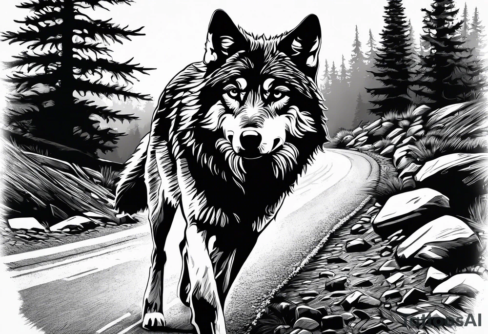 Lone wolf on a path or road. A pack of wolfs on the opposite end of road. tattoo idea
