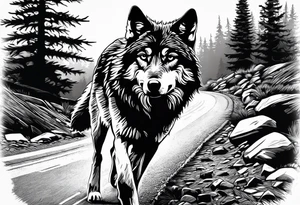 Lone wolf on a path or road. A pack of wolfs on the opposite end of road. tattoo idea
