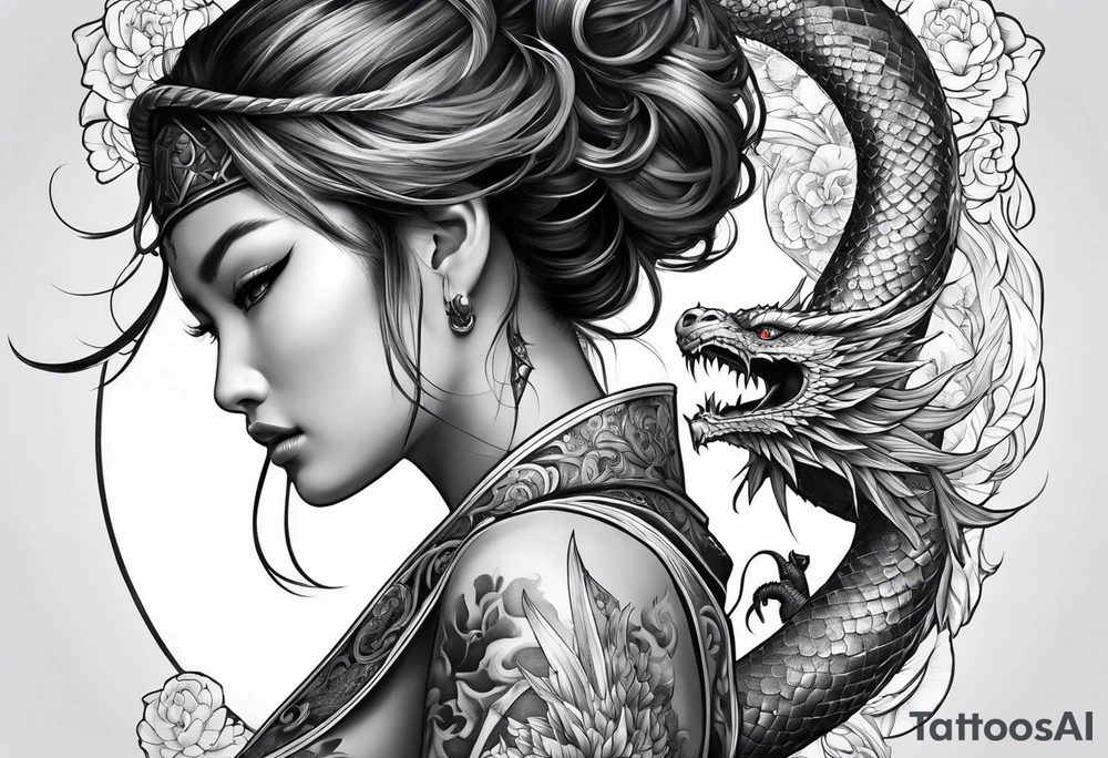 back tattoo of warrior nymph with dragon tattoo idea