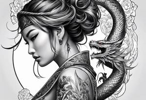 back tattoo of warrior nymph with dragon tattoo idea