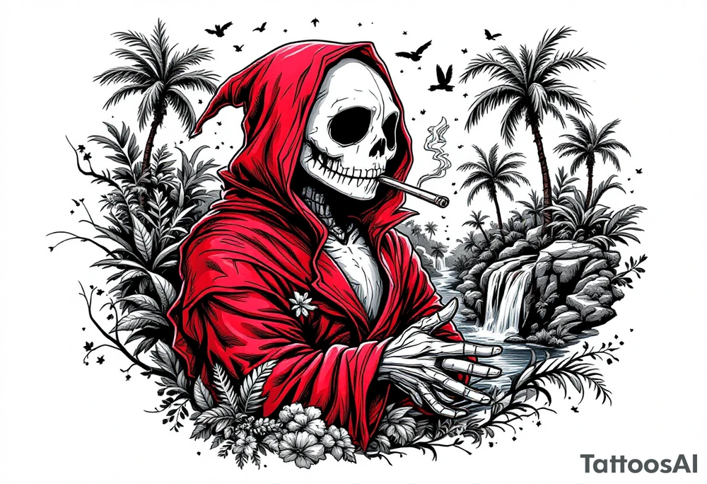 Jack skellington in red king robe , smoking a blunt, in nature jungle ...