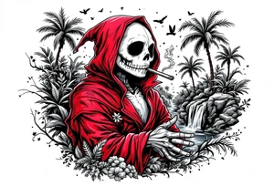 jack skellington in red king robe , smoking a blunt, in nature jungle, waterfall, birds, palm trees tattoo idea